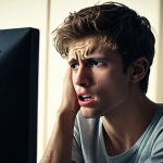 **

A stressed young adult sitting at a computer, clenching their jaw, with visible tension in their face and neck. The scene implies a fast-paced, modern lifestyle. Soft, diffused lighting with slight vignette.

**