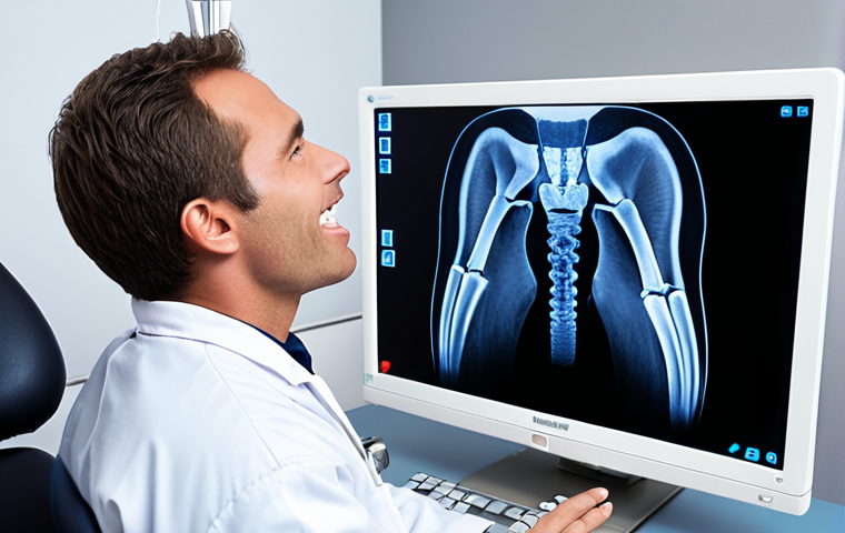 **Prompt 1: Modern Dental X-ray Experience**
    A dentist in a pristine, modern dental office is showing a high-resolution digital dental X-ray on a sleek monitor to a calm, reassured patient. The screen subtly glows, highlighting intricate tooth structures and a hidden cavity or infection. The patient wears a lightweight lead apron. The atmosphere is professional, safe, and comforting, emphasizing advanced technology and patient well-being. Realistic, detailed, and brightly lit.